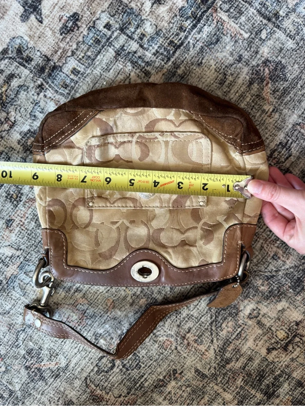 Coach Beige Signature Canvas Shoulder Bag with Brown Trim and Cherry Charm
